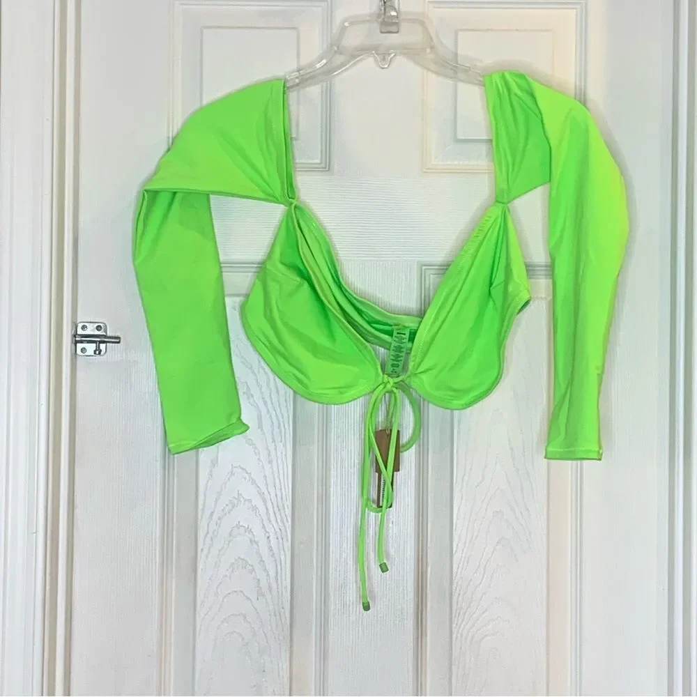 Skims Recycled Swim Long Sleeve Bikini Top and Sarong Skirt Neon Green Size XL